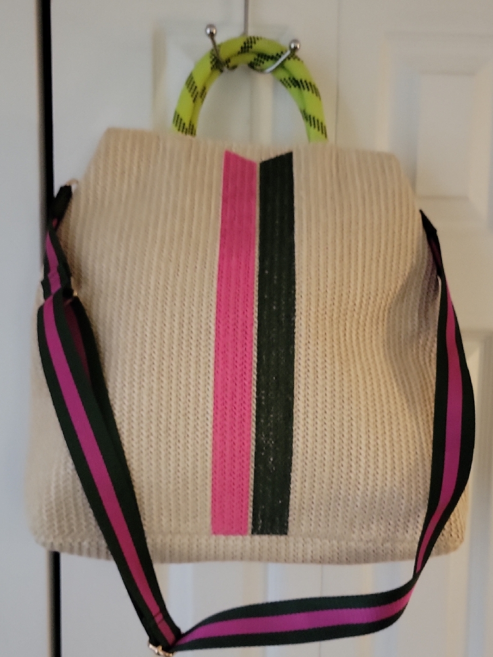 Stella & Dot Cream Woven Tote with Pink & Green Stripes